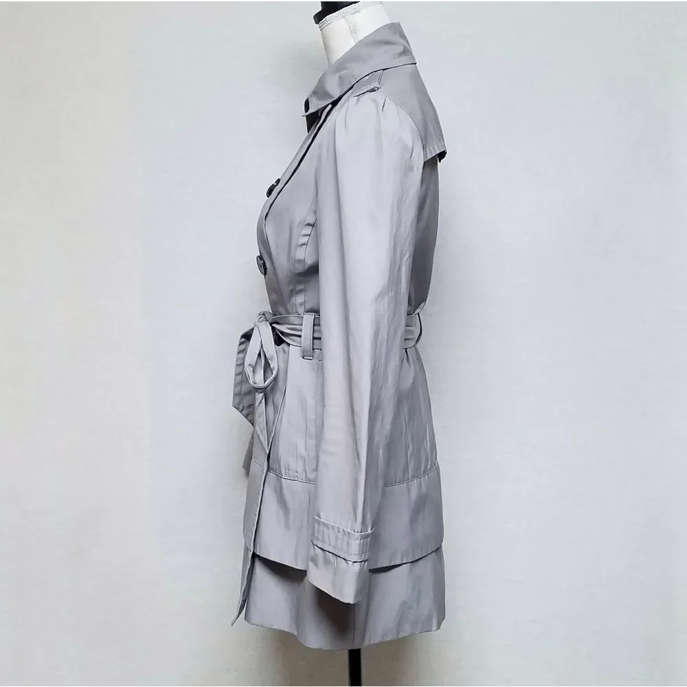 BLACK Rivet Dove Gray Belted Layered  Puff Shoulder Trench Coat Over Coat Small